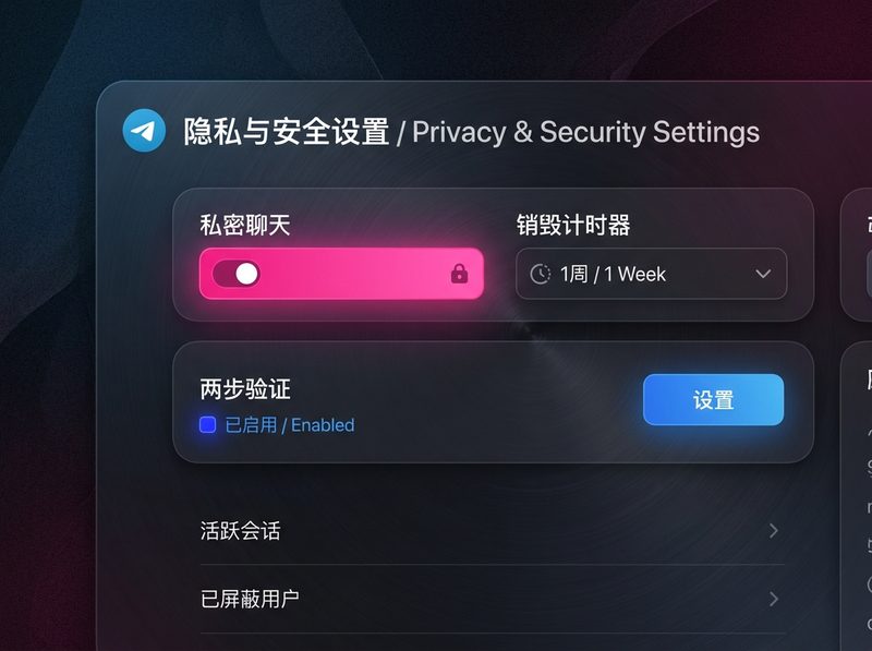 Telegram端到端加密与隐私安全设置界面
